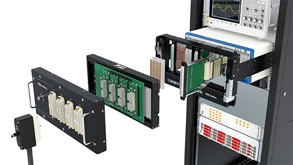 PXI instruments connected through a mass interconnect receiver and interchangeable test adapter to a device under test.